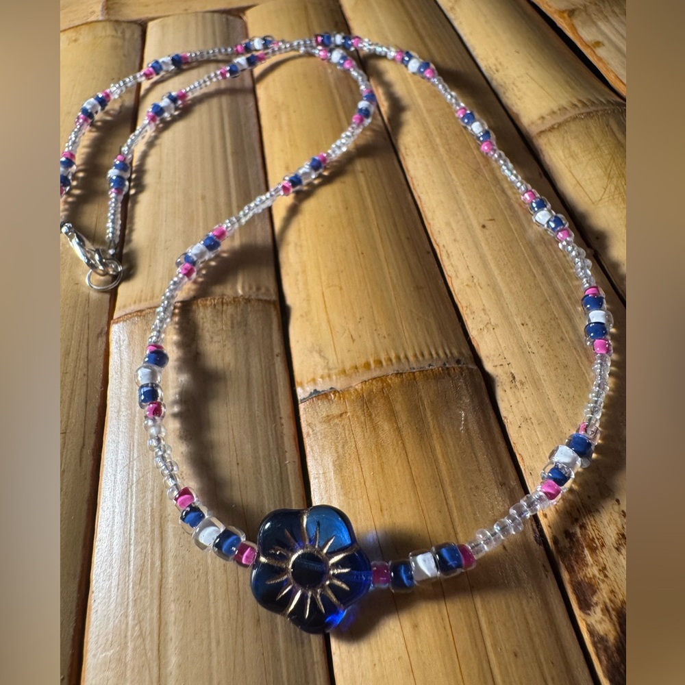 Indigo blue, pink and white Beaded Flower Necklace!